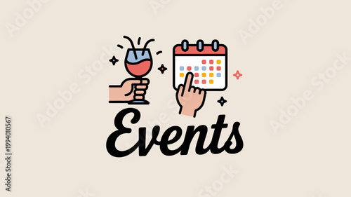 A colorful illustration depicts a wine glass a calendar with a finger pointing at a date and the word events below high quality professional detailed modern