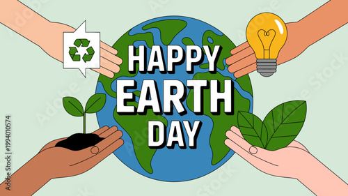 A colorful illustration depicts hands supporting a globe with happy earth day text symbolizing environmental care and sustainability efforts high quality professional detailed modern elegant stylish