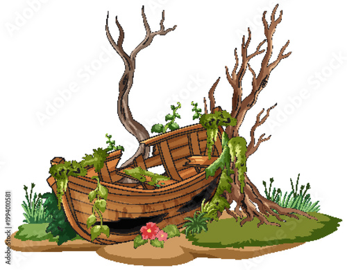Abandoned Wooden Boat Overgrown with Moss and Vines