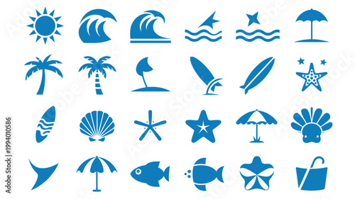 A collection of blue icons representing various summer and beach themed elements including suns waves palm trees and sea creatures high quality professional detailed modern elegant