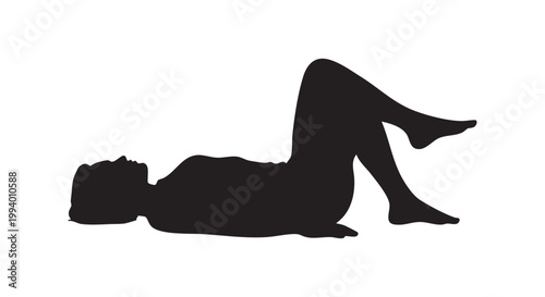Silhouette of woman lying down performing leg exercises for fitness and rehabilitation in minimalist black vector style.