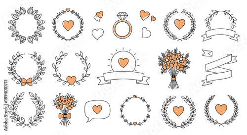Large collection of romantic icons including floral wreaths, hearts, diamond ring, bouquet, and ribbons in a soft coral palette.