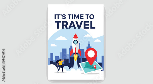 Travel poster with a rocket taking off from a city skyline alongside a world map and a person ready for an exciting adventure.