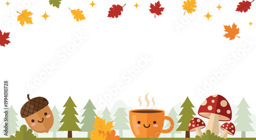 Autumn themed horizontal background with a cute acorn, steaming cup, mushrooms, and trees under falling colorful leaves.