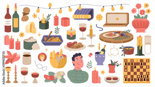 A colorful illustration depicts a cozy festive scene with celebratory elements like wine candles food and technology high quality professional detailed modern elegant stylish clean crisp