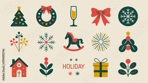 A festive collection of holiday icons showcases traditional elements like christmas trees wreaths champagne and a rocking horse high quality professional detailed modern elegant stylish clean