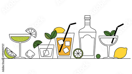 A colorful illustration showcases various alcoholic and non alcoholic beverages including cocktails a bottle and fresh fruit garnishes high quality professional detailed modern elegant stylish clean