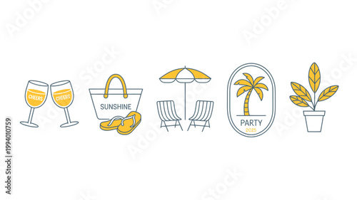 A minimalist illustration depicts summer vacation elements including drinks a beach bag palm trees and lounge chairs high quality professional detailed modern elegant stylish clean crisp