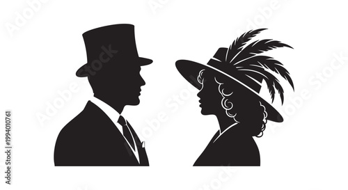 Silhouette vintage couple elegant man top hat woman feathered hat formal attire profile view romantic retro style portrait illustration vector.