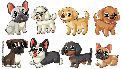 Set of Cute Cartoon Puppies and Different Dog Breeds Vector Illustration