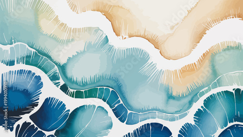 An abstract watercolor painting depicts swirling patterns resembling ocean waves blending shades of teal blue and golden beige high quality professional detailed modern elegant stylish clean