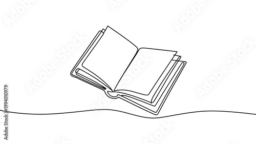 A minimalist line drawing depicts an open book resting on a wavy line suggesting reading and knowledge high quality professional detailed modern elegant stylish clean crisp