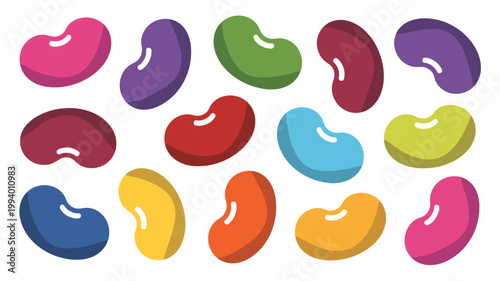 A vibrant collection of jelly beans in assorted colors are scattered across a plain white background creating a playful design high quality professional detailed modern elegant