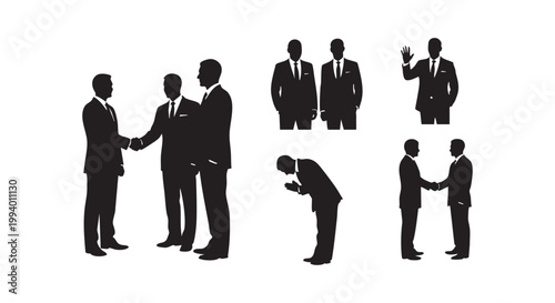 Silhouettes of business people engaging in various professional interactions including handshakes and bows.