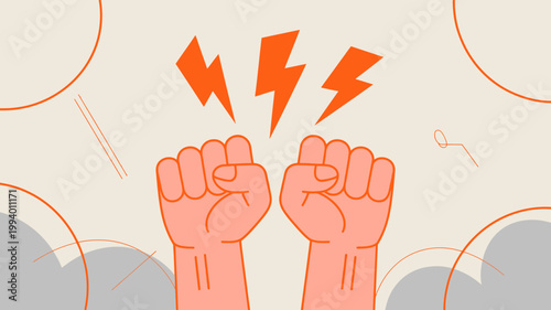 An illustration depicts two raised fists with orange lightning bolts emanating from between them symbolizing power and resistance high quality professional detailed modern elegant stylish clean