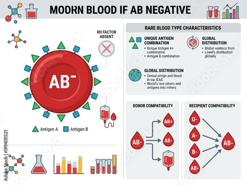 Modern Flat Vector Infographic Explaining AB Negative Blood Type Characteristics, Donor/Recipient Compatibility, and Global Distribution