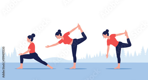 Three women practicing different yoga poses outdoors in a serene landscape with a forest and mountain background.