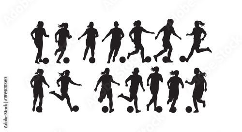 Silhouettes of female soccer players in action kicking balls and running.