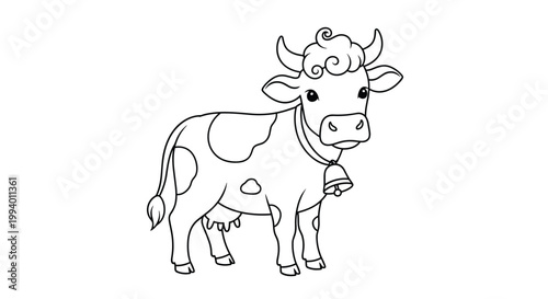 Simple black and white line art illustration of a cute dairy cow with a bell for a children coloring activity.