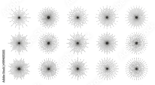 Set of fifteen diverse vintage sunburst and starlight icons with varying line densities and shapes on white background.