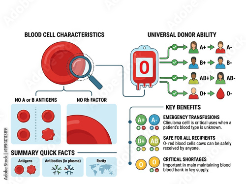 Modern Flat Vector Infographic: Explaining Blood Type O Universal Donor Characteristics, Benefits, and Transfusion Importance