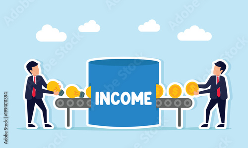 Businessman inserting a light bulb into a rating machine and another businessman taking dollar coins illustration of maintaining profit stability from ideas and innovation