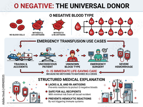 Modern flat vector infographic illustrating O negative blood: The universal donor in emergency medical transfusions and critical care.