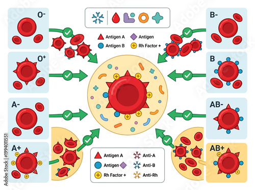 Educational infographic illustrating human blood types (ABO and Rh factor) and universal compatibility for safe transfusions.