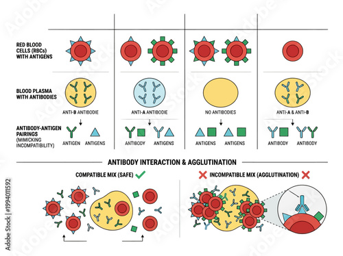 Explanatory infographic illustrating human blood group compatibility, antibody-antigen interaction, and agglutination process in transfusions.