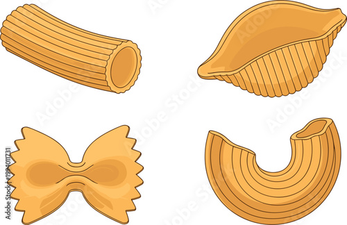 Variety of pasta shapes isolated on white background Italian cuisine illustration