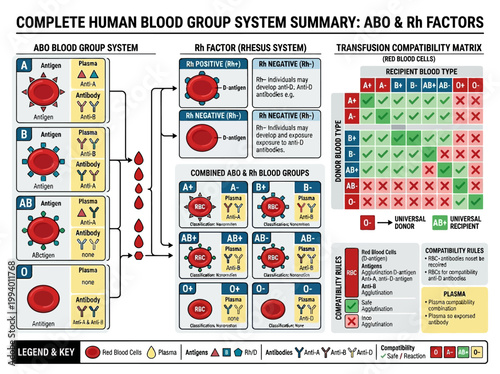 Detailed Infographic Summary of Human Blood Group Systems: ABO, Rh Factors, and Transfusion Compatibility Explained Visually.