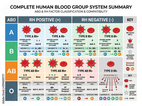 Comprehensive medical infographic: human blood group system summary, ABO & Rh factor classification, and transfusion compatibility.