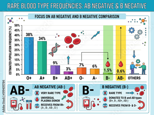 Detailed Infographic Visualizing Rare Human Blood Type Frequencies and Key Characteristics of AB Negative and B Negative