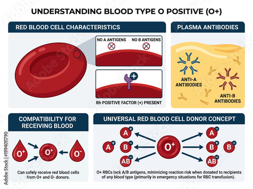 Detailed Infographic Explaining Blood Type O Positive Characteristics, Plasma Antibodies, and Universal Donor Role