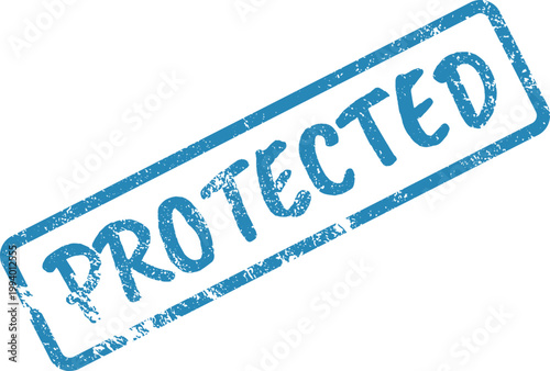 Grungy blue Protected Rubber stamp impression signifying security on a white background