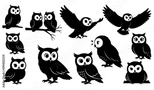 Creative cute owl silhouette collection playful owl birds black vector illustration set isolated on white background