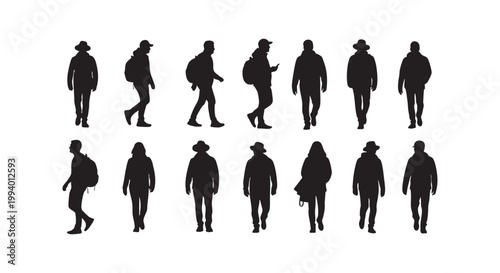 Silhouettes of men and women walking with backpacks hats and casual clothes in different poses vector illustration.