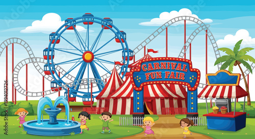 Carnival Fun Fair Scene with Ferris Wheel Circus Tent Kids Playing Amusement Park Cartoon Vector Illustration