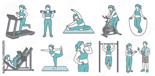 様々な運動をするぽっちゃり成人女性の10点セットイラスト（笑顔）