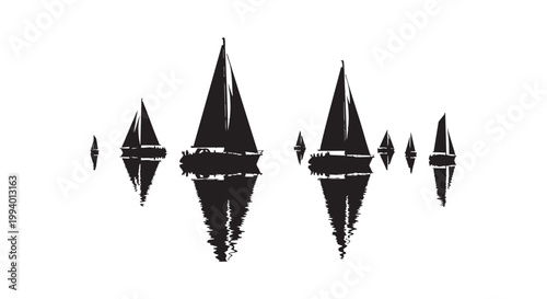 Silhouettes of sailboats on water with reflections, nautical scene, vector illustration.