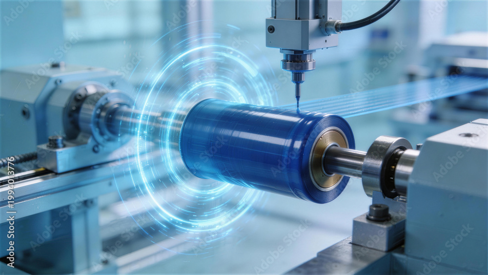 Fototapeta premium Manufacturing Process: A high-tech view inside a modern factory, where a precise robotic arm works on an industrial component, highlighting the efficiency and innovation driving the industry.