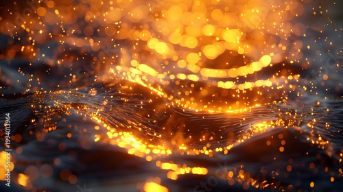An abstract flowing wave of vibrant orange and yellow particles creates a dynamic and energetic visual experience high quality professional detailed