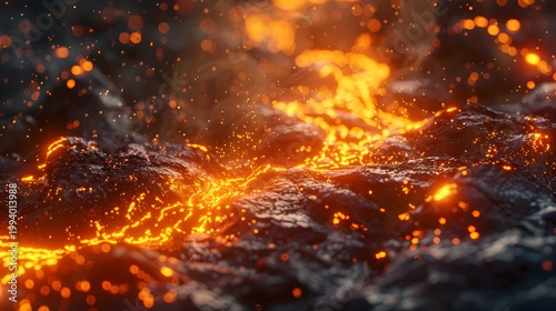 An abstract display of fiery energy surges through dark textured terrain resembling molten lava or a volcanic landscape high quality professional