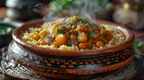 A vibrant tagine dish featuring couscous topped with warmly spiced vegetables and herbs steams invitingly high quality professional detailed modern elegant
