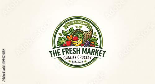 A circular graphic emblem for a fresh market grocery store featuring a colorful cornucopia filled with various fruits and vegetables on a plain off-white background.