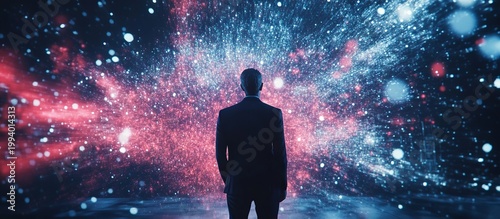 CEO Stands Before Vast Pulsating Digital Landscape of Future Technology