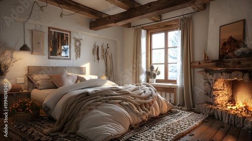 A cozy bedroom features rustic wooden beams a warm color palette and natural textures creating a relaxing atmosphere high quality professional