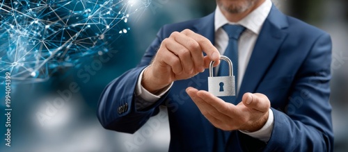 Businessman Holding Padlock Symbolizing Data Security and Protection