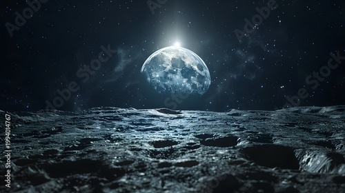 A stunning view of a full moon rising above a rocky desolate lunar landscape under a starry night sky high quality