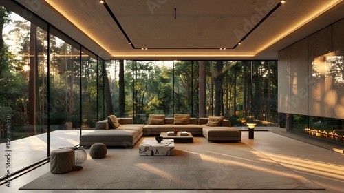 A modern living room features large glass walls overlooking a lush forest illuminated by warm ambient lighting and minimal decor